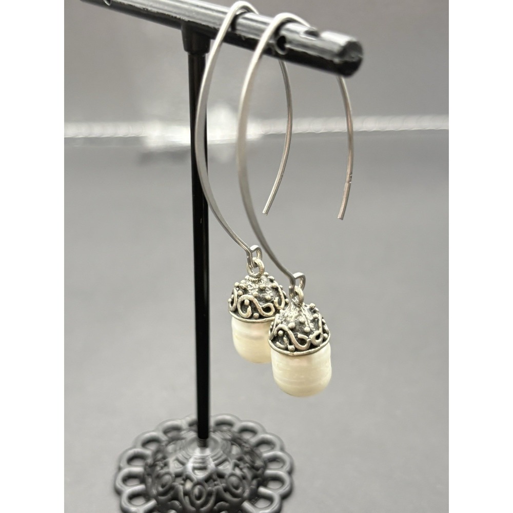 Vintage Sterling Silver Genuine Pearl Dangle Earrings 925 G17